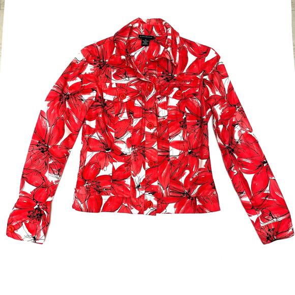 Rafaella Women’s Long Sleeve Cropped Button-Up Jacket, Red Floral, Size M - Picture 2 of 9
